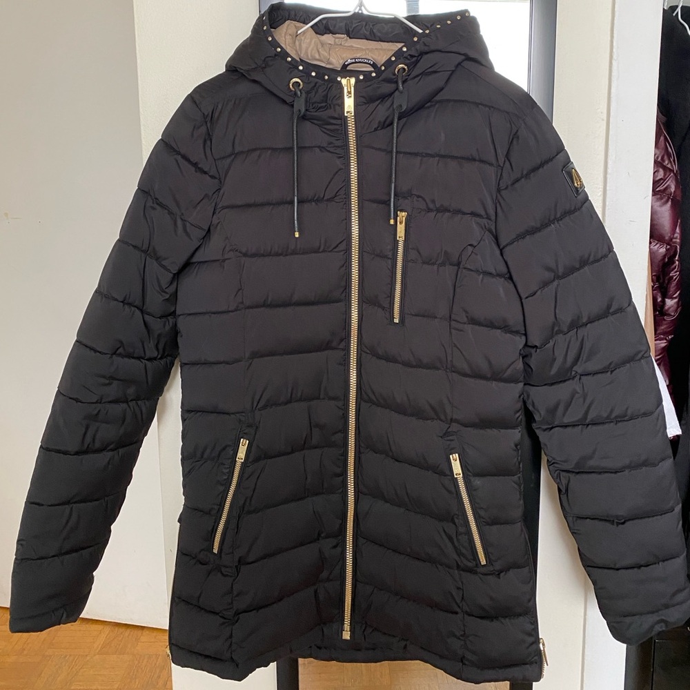 Moose Knuckles Black Puffer Coat with Gold Details